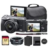 Canon EOS M6 Mark II Mirrorless Camera with 15-45mm Lens (Silver) Bundle | 32.5MP APS-C Sensor, Dual Pixel CMOS AF, 4K Video & High-Speed | for Travel & Content (3612C011) + EF-M Adapter + More