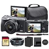 Canon EOS M6 Mark II Mirrorless Camera with 15-45mm Lens (Silver) Bundle | 32.5MP APS-C Sensor, Dual Pixel CMOS AF, 4K Video & High-Speed | for Travel & Content (3612C011) + EF-M Adapter + More