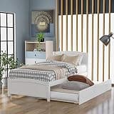 Harper & Bright Designs Twin Size Platform Bed with Trundle and Slats Support, Solid Wood Bed Frame with Headboard and Footboard for Bedroom, No Box Spring Needed, White