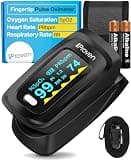 iProven Pulse Oximeter Fingertip, Blood Oxygen Saturation Monitor, Pulse Rate & Respiratory Rate Monitor, Finger Oximeter O2 Monitor with Batteries, Case & Lanyard Included, OXI-27