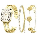 Gold Metal Bands and 3 Pc Bracelets Set for Women Compatible with Apple Watch 38mm 40mm 41mm 42mm (S11/10), Sparkly Elegant Double Cross Screw Fancy Strap for iWatch Series 11/10/9/8/7/6/5/4/3/2/1/SE