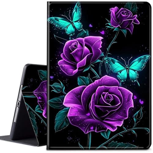 for 10.1" Amazon Kindle Fire HD 10 Tablet Case (13th Generation, 2023 Release), PU Leather Multi-Angle Anti Slide Stand Smart Cover Case with Auto Wake/Sleep,Purple Roses Green Butterflies