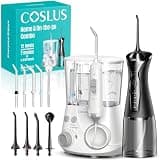 COSLUS E2&C30 Water Flosser Combo: Powerful Countertop Dental Flossers for Deep Teeth Cleaning at Home, Cordless Portable Oral Irrigator for Travel, Multi‑Mode and Jet Tips for the Whole Family Needs