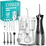 COSLUS E2&C30 Water Flosser Combo: Powerful Countertop Dental Flossers for Deep Teeth Cleaning at Home, Cordless Portable Oral Irrigator for Travel, Multi‑Mode and Jet Tips for the Whole Family Needs