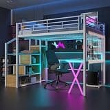 Bellemave Metal Full Size Loft Bed with Desk and Stairs,Heavy Duty Loft Bed Frame with Wardrobe and LED Lights,Loft Bed Full with Storage Shelves for Kids,Teens,Adults,Space Saving,White