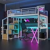 Bellemave Metal Full Size Loft Bed with Desk and Stairs,Heavy Duty Loft Bed Frame with Wardrobe and LED Lights,Loft Bed Full with Storage Shelves for Kids,Teens,Adults,Space Saving,White