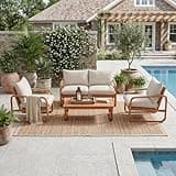 SONDERVIBE 4 Piece Acacia Wood Outdoor Patio Furniture Set, All Weather Garden Conversational Seating Sectional with Loveseat, 2 Single Chairs & Coffee Table, Natural