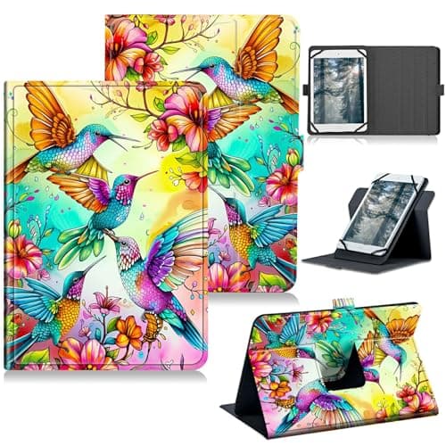 RWUTYTIUL for Walmart Onn 7 Inch 2024 (Model:100135924) Universal Tablet Case, 360 Degree Rotating Kickstand Protective Stand Case with Multiple Viewing PU Leather Shell Case, Four Birds Flowers