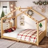 Full House Floor Bed with Support Slats, Solid Wood House Bed Frame, No Box Spring Needed and Opening Constructure, Natural