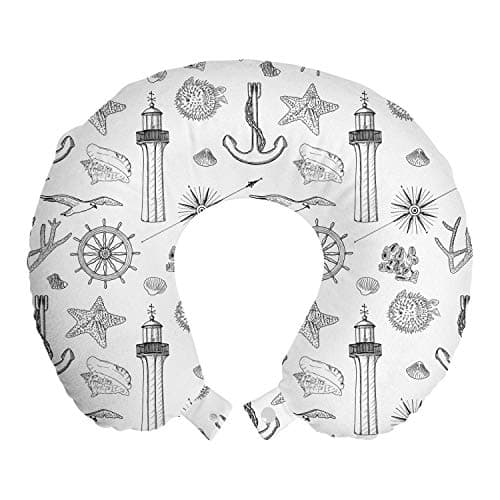 Lunarable Nautical Travel Pillow Neck Rest, Seagull Starfish Anchor Lighthouse Compass Seaweed Marine Elements Sketch, Memory Foam Traveling Accessory for Airplane and Car, 12", White Charcoal Grey