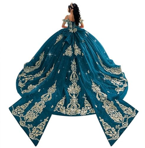 Ftupza Plus Size Quinceanera Dresses Teal Ball Gown with Bow Gold Appliques Straps Sweet 16 Dress Tulle Tassel Prom Dress 16