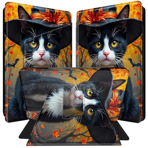 Case for All-New Kindle Paperwhite 12th Generation 7 inch & Colorsoft Signature Edition 2024 with 360 Degree Rotating PU Leather Smart Cover with Auto Wake/Sleep Tablet Case - Maple Leaf Black Cat