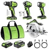 GREENWORKS 24V Combo (1/2” Drill + 1/4” Impact Driver + 6.5” Circular Saw + 200Lm Flashlight), 4.0Ah + 2.0Ah Batteries (24,000mAh PB), (2) Braided Cables, 65W Rapid Charger,High-Efficiency