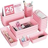 BiuLeon 25 PCS Plastic Drawer Organizers Set, 4-Sizes Vanity and Makeup Organizer, Desk and bathroom Drawer Organizer Trays, Organizers and Storage for Makeup, Jewelry, Gadgets, Utensils (Pink)