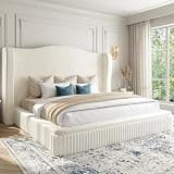 Homkdom 49" Cloud Bed Frame, Soft King Size Bed Frame with Extra High Wingback Headboard, Shimmering Fabric & Thick Corduroy Design for Stability, No Box Spring Needed, Easy Assembly, White