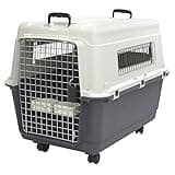 SportPet Airline Compliant LARGE 31.5" Travel Dog Kennel-Durable Plastic Airline Pet Carrier w/ Removable Wheels & Food Bowls, Collapsible Indoor/Outdoor Dog Kennel, Dogs up to 28"L & 20"H-Cream/Gray