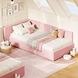 IDEALHOUSE Twin Daybed with Headboard, Corner Bed Frame with Bed Rails, Velvet Upholstered Sofa Bed with Guardrail for Bedroom, Guest Room, Adjustable Installation, Wooden Slats Support, Pink