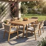 Star20XX Patio Dining Set, Outdoor Dining Set, Solid Acacia Wood Patio Set, Piece with 69 Inch Rectangular Table and 6 Rope Arm Chairs, Beige Cushions for Deck Backyard Poolside