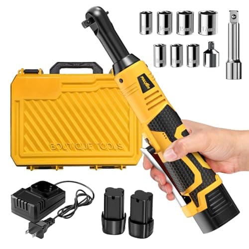 FULLYEA Cordless Electric Ratchet Wrench Set, 550RPM, 45Ft-lbs, 16.8V Extended cordless ratchet wrench 3/8, Power Ratchet with Variable Speed, 1/4" Adapter, 2 * 2.0Ah Battery and Fast Charger(Yellow)