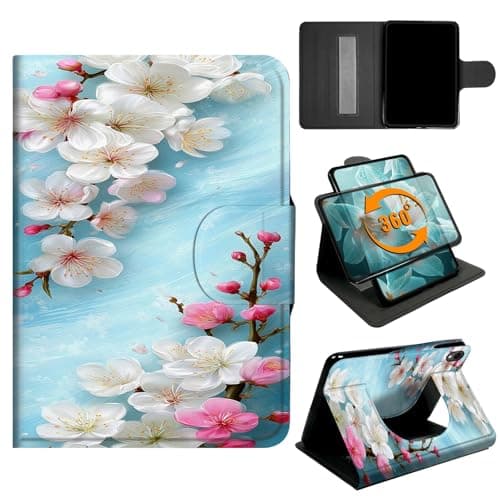 360° Rotating Case for iPad 9th/8th/7th Generation 10.2"/iPad Air 3 2019/iPad Pro 10.5 2017, PU Leather Stand Cover with Hand Strap & Magnetic Clasp, Auto Wake/Sleep, Peach Blossom Flower