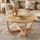 PADMA HOUSE Round Wood Coffee Table with Handmade Rattan Top, Solid Circle Wooden Center Table with Curved Legs, Farmhouse Cocktail Table for Living Room, Light Brown 32.28" x 18"