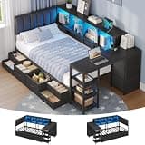 Brinlawb Twin Corner Bed with Desk, Storage Bookcase, 9 Drawers, Charging Station and LED Lights, Modern Twin Bed Frames with Headboard for Small Rooms, Space-Saving, Black