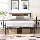 Seeheool Industrial Metal Platform Bed Frame with Wooden Headboard, No Box Spring Needed, Steel Slat Support Bed Base with Underbed Storage Space for Bedroom Guest Room Apartment