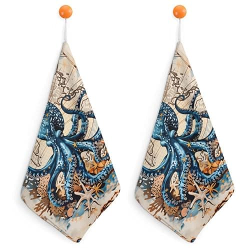 SUDZZLPY Nautical Octopus Hanging Kitchen Towels Set of 2, Hand Towel with with Lanyard SweatTowel for Bathroom Toilet Gym 11"x11"