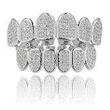 JINAO Grillz Grills for Your Teeth Simulated Diamond Teeth Grillz with Extra Molding Bars Included 18K Gold Plated All Iced Out Cubic Zirconia Golden Teeth for Men Women(Silvery Teeth Set)
