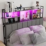 Viekoet 54.8" Tall Headboard Queen Size with 3-Tier Storage Shelves, Linen Upholstered Head Board with USB & Type C Port & LED Light, Soft Backrest for Queen Size Bed,Sturdy Headboard Only