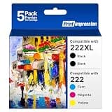 PrintImpression 222XL Ink Cartridges for Epson Printer 5-Pack for Epson 222XL Ink Cartridges Combo Pack for Epson 222 Ink Work for Workforce WF-2960 Expression XP-5200 Printer