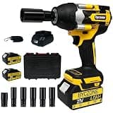 byczone 1000N.m(740Ft-lbs) Cordless Impact Wrench, 1/2 Inch High Torque Brushless 21V Impact Gun w/ 2 x 4.0Ah Battery & Fast Charger & 6 Sockets, Pistola De Impacto for Home Car Tires Truck Mower