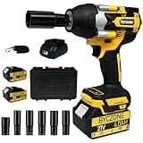 byczone 1000N.m(740Ft-lbs) Cordless Impact Wrench, 1/2 Inch High Torque Brushless 21V Impact Gun w/ 2 x 4.0Ah Battery & Fast Charger & 6 Sockets, Pistola De Impacto for Home Car Tires Truck Mower