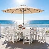 DWVO 8 Pcs HDPE Patio Dining Set with 13ft Umbrella, All-Weather White Outdoor Table and Chairs for 6, Heavy Duty Rectangle Pool Deck Furniture for Lawn, UV Resistant Outdoor Dining Set for Backyard