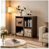 SALUISH Solid Wood 4-Compartment Storage Shelving Unit, Wooden Open-Style Double-Tier Floor-Standing Low Bookcase, Cube-Shaped Bookcase (Solid Wood, Walnut Color, 23.7″(L) x11.8″(W) x29.6″(H))