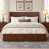 VMU Fluted King Size Bed Frame with Lift Up Storage, Mid Century Modern Wooden Platform Bed Frame with Headboard, Hydraulic Lift Storage, No Box Spring Needed, Noise-Free Slat Support, Walnut