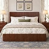 VMU Fluted King Size Bed Frame with Lift Up Storage, Mid Century Modern Wooden Platform Bed Frame with Headboard, Hydraulic Lift Storage, No Box Spring Needed, Noise-Free Slat Support, Walnut
