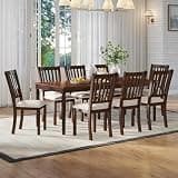 AMERLIFE 9 Piece Farmhouse Dining Set with 79" Rubberwood Table, Brown