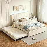 FAVSH Full Size Upholstered Platform Bed with Trundle and 1 Sets of USB, Chenille Fabric Solid Wood Bedframe w/Wood Slats & LED Lights with APP for Bedroom,Beige