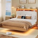 Feonase Full Size Floating Bed Frame with Charging Station & Led Light, Wooden Full Platform Bed Frame w/Upholstered Storage Headboard, Heavy Slats Support, Noise Free, No Box Spring Needed, Walnut
