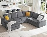 AMERLIFE 112 Inch U Shaped Couch, Oversized Couch with Storage Chaise & Cup Holders, Sectional Sofa with USB & Type-C Charging Ports, Corduroy Grey