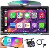 Double Din Car Radio with CD/DVD Player, 7-inch Touch Screen Car Stereo with Wireless CarPlay&Android Auto Support Bluetooth5.2, Backup Camera, Mirror Link, Subwoofer, SWC, AM/FM Car Radio Receiver