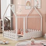 (Slats are not Included) Full Size Wood Bed House Bed Frame with Fence,Teens,Girls,Boys (White)
