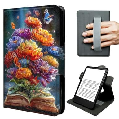 JNFBWULO Case for Kindle 11th Generation (6" Display, 2022 & 2024 Release, Basic Kindle), 360° Rotating Stand Cover with Hand Strap, Auto Sleep Wake Protective Folio - Blooming Book