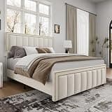 BarnFurin Full Bed Frame, 50" Tall Headboard & Footboard, Chenille Upholstered Vertical Tufted Bed with Nailhead Trim, No Box Spring Needed, Beige