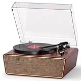 MANGOSTAN Bluetooth Vinyl Record Player, All-in-One Turntable with 4 Built-in Speakers, Belt-Driven 3-Speed (33/45/78 RPM), PC Recording, RCA Output, Auto Stop, Red Burl Wood Vintage Design
