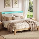 IDEALHOUSE Boucle Queen Bed Frame with Charging Station & LED Lights, Upholstered Headboard Bed Frame with 2-Tier Storage Shelves, No Box Spring Needed, Easy Assembly, Cream