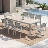 SEEHILL 9-Piece Extendable Patio Dining Set with 2 Swivel Chairs, Never-Rust Aluminum Outdoor Dining Table Set, Oversized Expandable Dining Table with Wood Grain Top and Stackable Chairs for Balcony