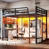 QVUUOU Full Loft Bed with Desk and Storage Shelves, Metal Frame in Black with USB Ports, Lights, and Hanging Rod