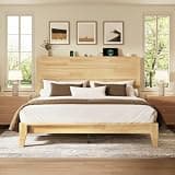 LARMACE King Size Wood Platform Bed Frame with Mid-Century Modern Tall Headboard & Charging Station, Built-in Headboard Shelf, Solid Sustainable Bedframe, No Box Spring Needed, Easy Assembly, Natural